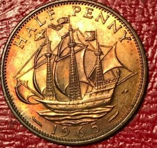 NICER TONING - UNC 1965 GREAT BRITAIN 1/2 HALF PENNY ENGLISH CENT-DEC523