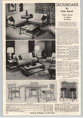 1956 PAPER AD Crossroads by Ficks Reed Patio Porch Furniture Mid Century Modern