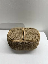 Vintage Double Lid Sewing Basket Woven Wicker Beautiful Condition