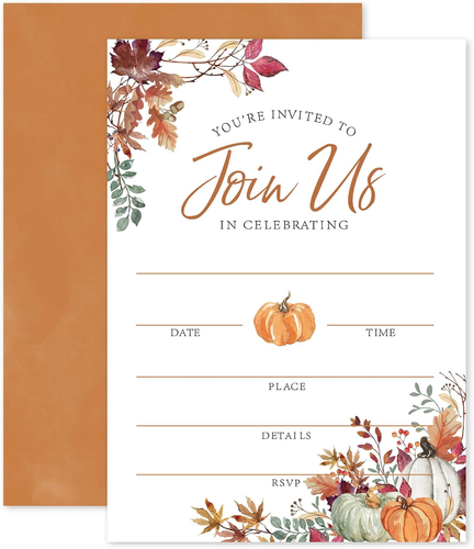 Fall Invitations 25 Sets Autumn Leaves Pumpkin Invitation Cards with Envelopes S - Picture 12 of 12