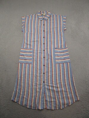 Monteau Los Angeles Striped Shirt Dress Blue Pockets Linen Blend Size L  Beach | eBay