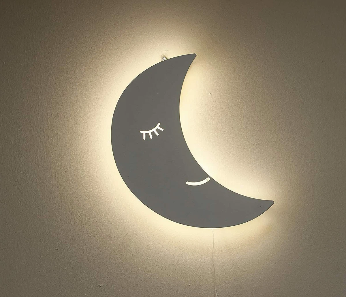 Kids Moon Night Light Bedroom Baby Nursery Decor White Wooden Wall Lamp Gift