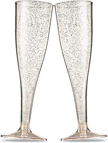 100 Pack Gold Glitter Plastic Champagne Flutes 5 Oz Clear Plastic Toasting