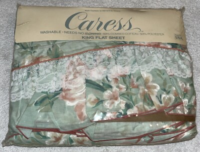Vtg NOS Caress King Flat Sheet Floral & Lace Edge USA Made