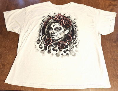 DOM 3XL Sugar Skull Rose White T Shirt Gothic Halloween Day of the Dead Unisex