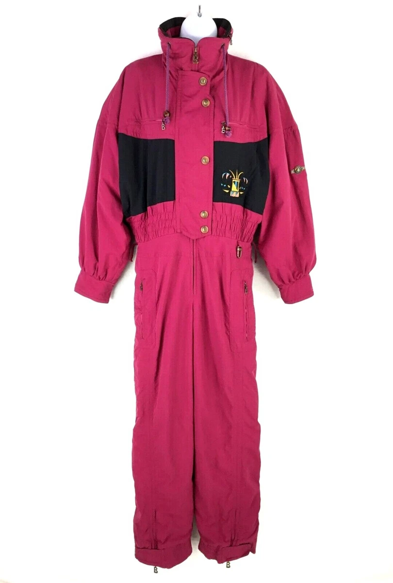 Vtg Bogner Wmn s 10 One Piece Ski Suit Snowsuit w Hood Aztec Embroidery Berry