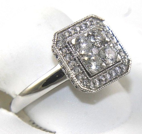Natural Round Diamond Square Cluster Milgrain Lady's Ring 14k White Gold 1.12Ct - Picture 7 of 7
