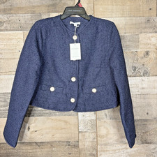 Free Assembly Navy Blue Knit Crop Blazer Jacket Size S Snap Up Modest Career 