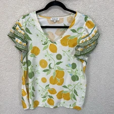 RACHEL ZOE Tropical Print Top Women’s 1X Lemon Lime Floral Citrus Flutter Sleeve