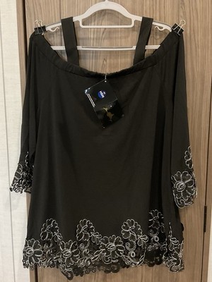 NWT Joan Boyce Womens Black Cold Shoulder Removable Strap Lace Blouse Size 1 X