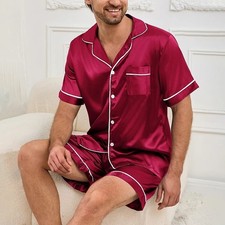 Mens Silk Satin Pajamas Pj Set Top and Shorts Sleepwear Nightwear Casual pijamas