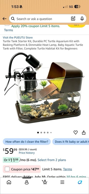 PUEUTU Turtle Tank Starter Kit 2 Gal Plastic w Filter Basking Platform Heat Lamp