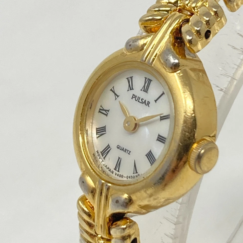 Vintage Pulsar Watch Women 17mm Gold Tone MOP Dial V400-0150 New Battery 6.25" - Image 4 of 4