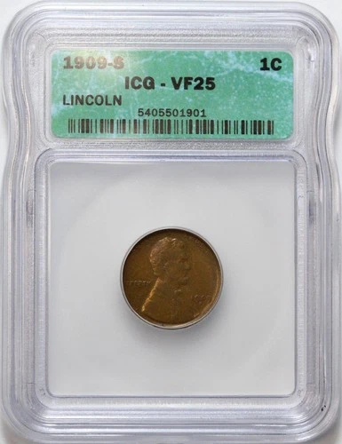 1909-S 1c Lincoln Wheat Cent - ICG VF25 - Very Fine - Semi-Key Date - Nice Color