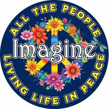 Imagine Peace Sticker   4 Inch Round Vinyl Decal, Floral Peace Sign, Matte