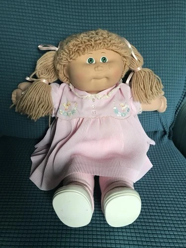 Vintage Original Cabbage Patch Kid Doll Peach Red Hair Pigtails Pink Dress HM4
