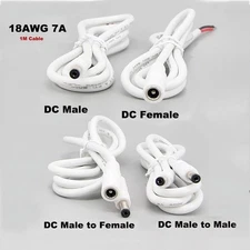 White 1m DC Male Female to male female Power Supply Cable 5.5x2.1mm 18awg 7A