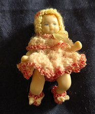 1:12 Scale Miniature Baby Doll Pink/White Fabric, Blonde Hair, 5cm, Clothes