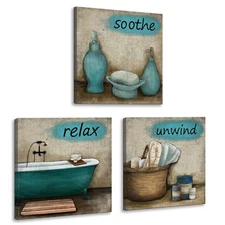 iHAPPYWALL 3 Pieces Bathroom Canvas Wall Art Teal Style Bathtub Bath Set Towe...