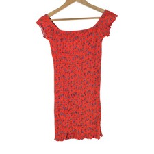 Topshop Dress Womens 6 Red Floral Smocked Bodycon Short Sleeve Mini 131427