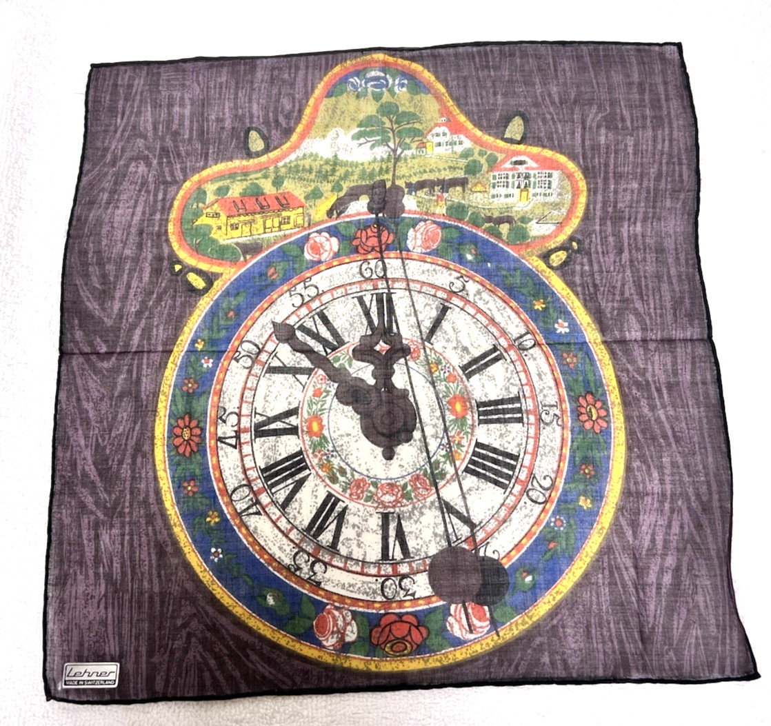 Vintage Lehner Novelty Handkerchief Switzerland Clock Countryside Tag 11 3/8"