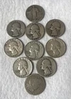 10 90% Silver Quarters 1-Standing, 1-Barber, 8- Washington