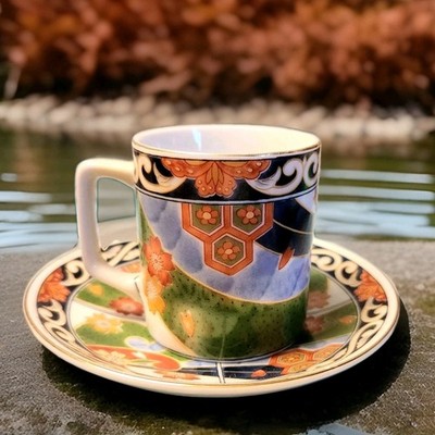 Charming Andrea By Sadek Demitasse Cup & Saucer   Asian Scroll Design Mint Cond.