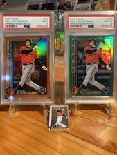 2 Adley Rutschman Topps 2025 #650 Cards, Green/99 PSA8 & Orange/25 PSA9 With Pin