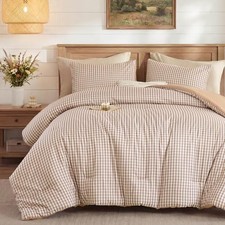 Gingham Comforter Set Queen, 3 Pieces Plaid 3 Pieces Queen- 90"x90" Tan