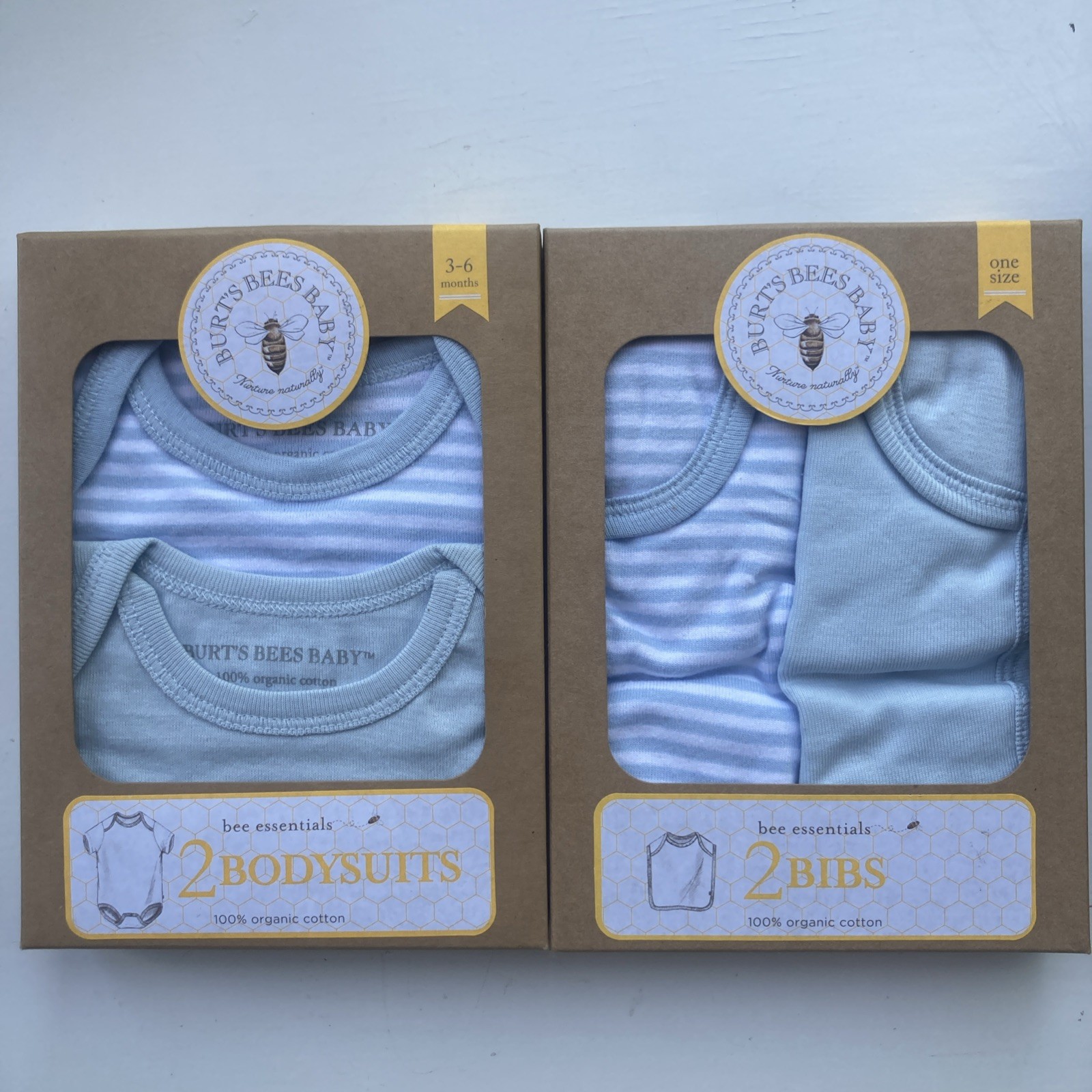2 Burt's Bees Baby Organic Cotton Bodysuit Blue White 3-6 months w/matching bibs