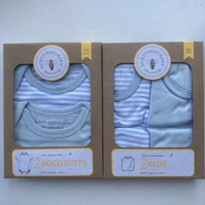 2 Burt's Bees Baby Organic Cotton Bodysuit Blue White 3-6 months w/matching bibs