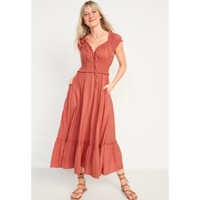 Old Navy Size Small TALL Waist-Defined Puff-Sleeve Clip-Dot Midi Dress