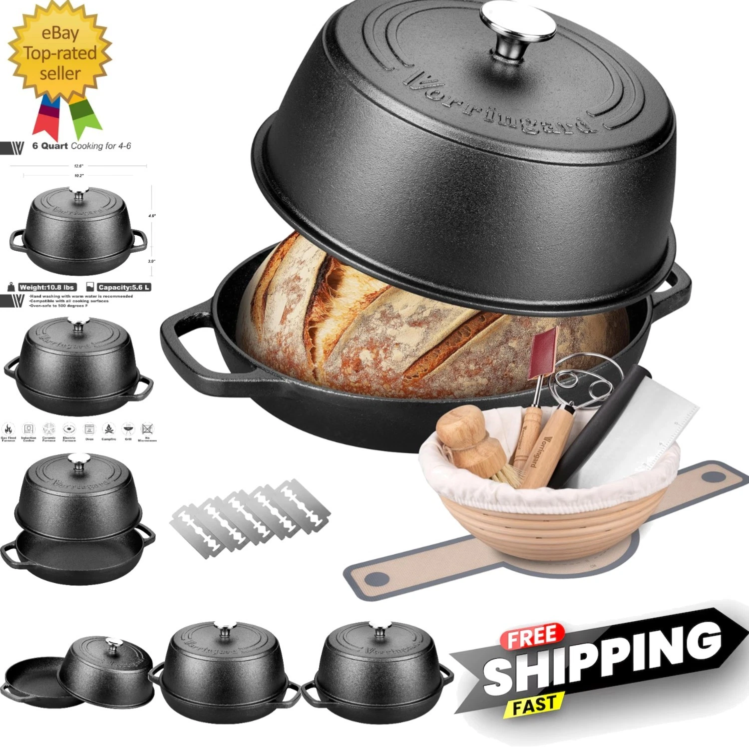 Versatile 6QT Cast Iron Dutch Oven Set with Sourdough Supplies for Home Baking