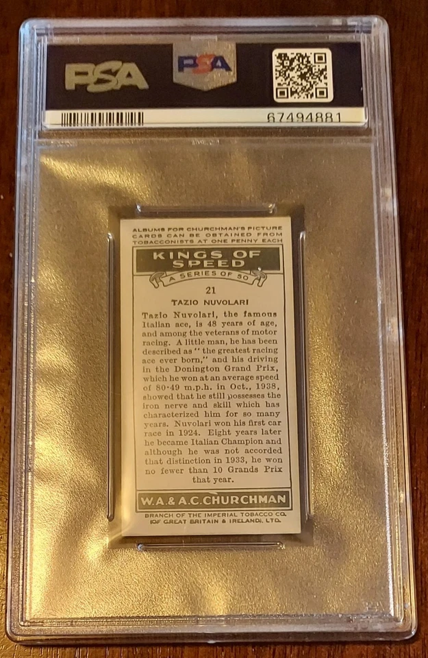 1939 Churchman Tazio Nuvolani, PSA 7 Only 5 graded higher Buy It Now - Image 2 of 3