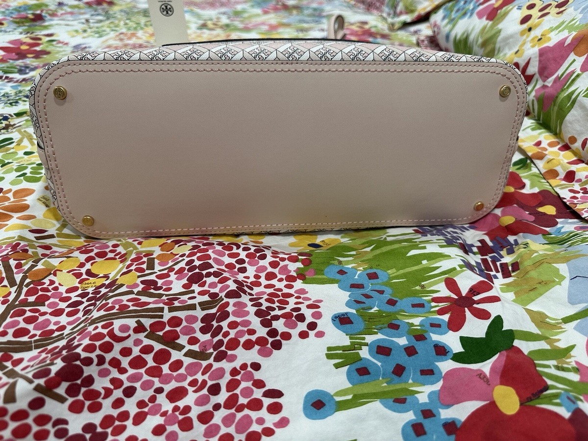 TORY BURCH BLUSH LIGHT PINK GEO LOGO TOP ZIP TOTE WITH GOLD