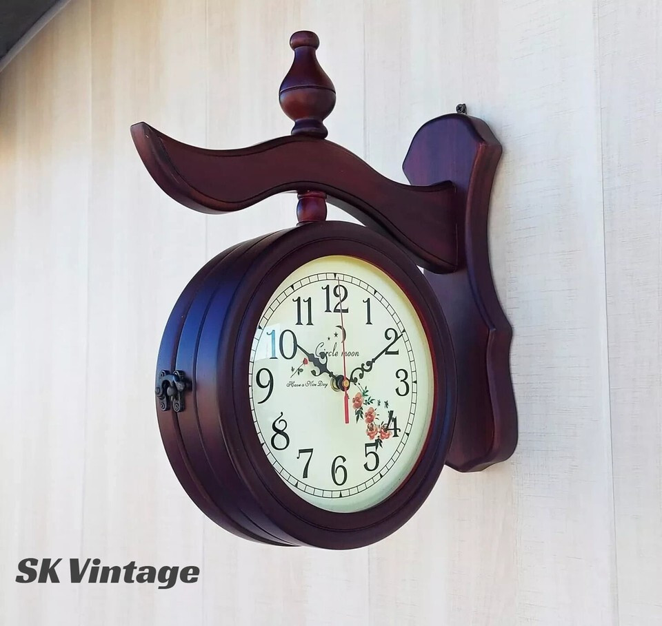 Double Sided Brown wooden Wall Clock Antique Style station Christmas Decor Gift