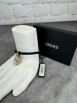 Versace Black & Gold Leather Braided Charm Bracelet | eBay