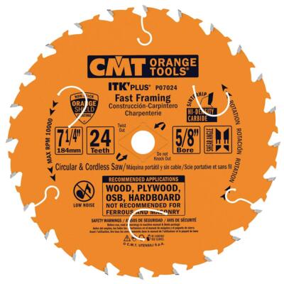 CMT P07024 ITK Plus Fast Framing Saw Blade, 7-1/4 x 24 Teeth, 10° ATB, 5/8'' Bore