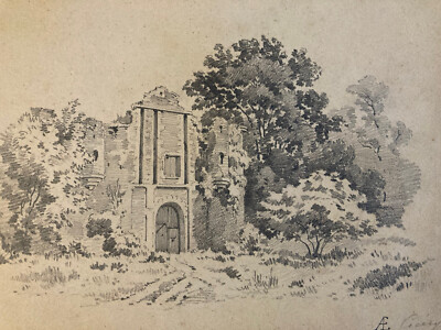 Schöne Zeichnung Eugene Ciceri XIX Mine Blei- Baum Barbizon Ruine Romantik Art
