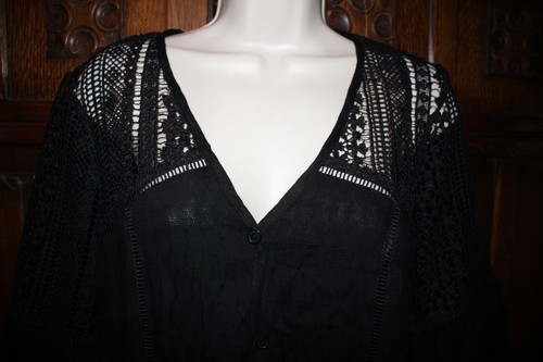 Top de encaje negro L boho gótico romántico look ganchillo volantes manga poeta bruja - Imagen 4 de 8