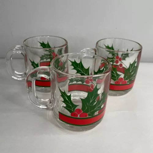 Set of 3 Vintage Libbey Christmas Holly Leaf Berry Glass Coffee Mugs Cups