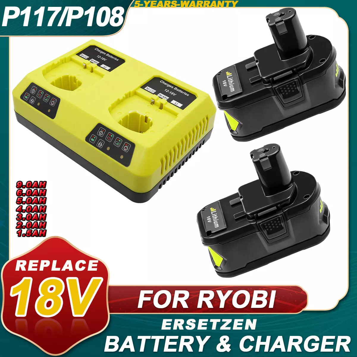 2X For RYOBI P108 18V One+ Plus Battery+Double Charger P117 18V Lithium-Ion  6AH