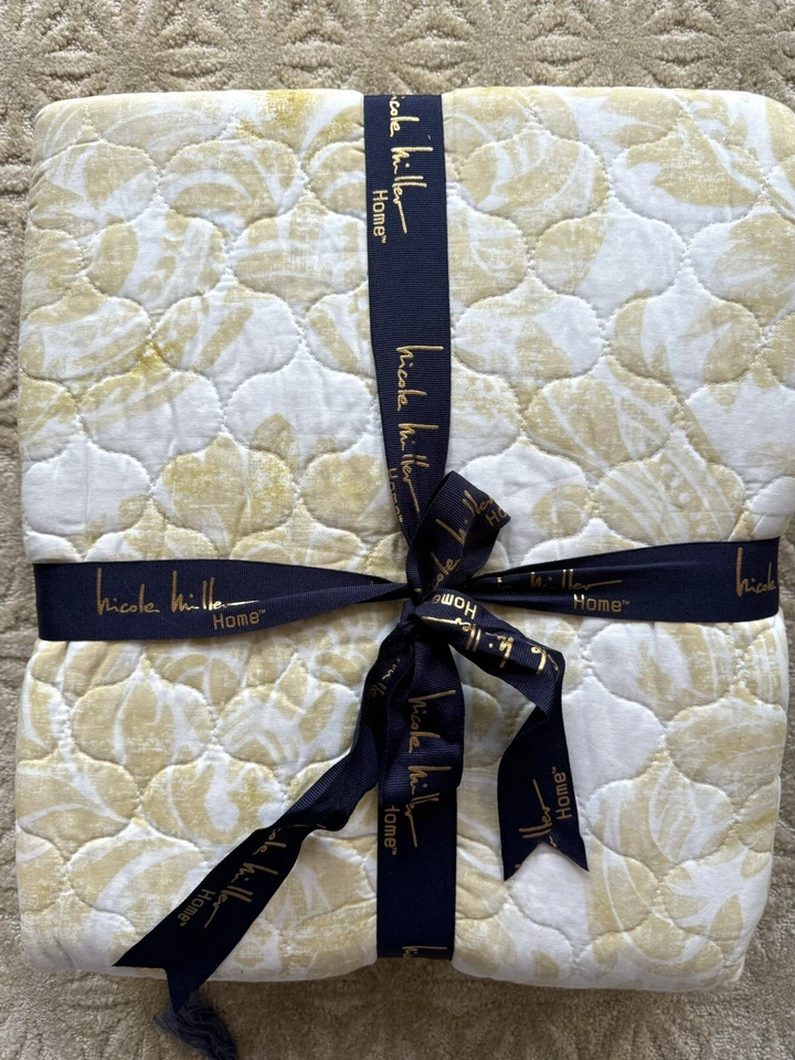 Juego de edredón Nicole Miller Home completo/queen nuevo en paquete amarillo damasco algodón cobertor 2 farsas Foto 3 de 4