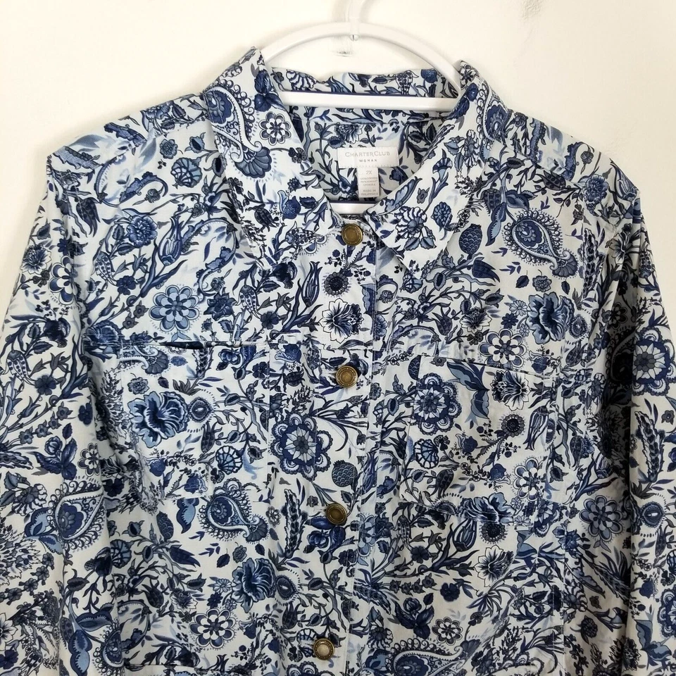 Chaqueta Charter Club Para Mujer Plus Floral Botón Frontal Talla 2X Azul Blanco Abotonada Foto 2 de 4