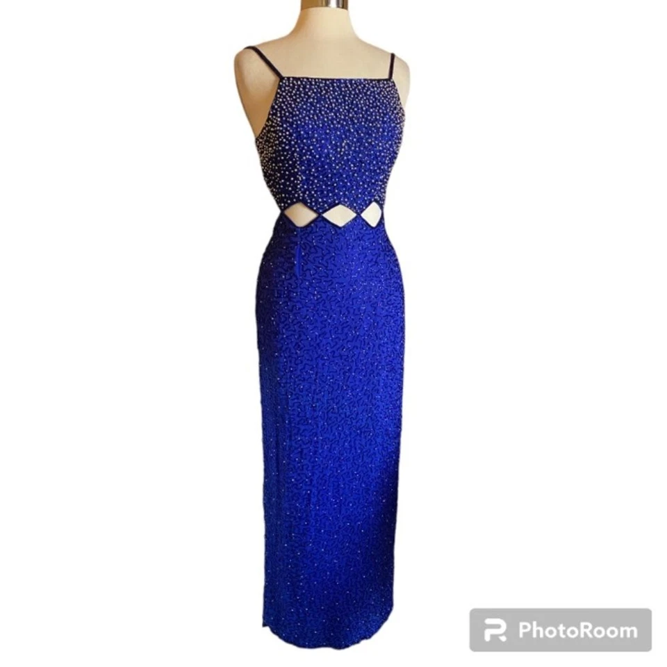 Maxi Vestido Sean Seda Cuentas Corte Correa Espagueti L Baile de graduación Concurso Corbata Negra Foto 2 de 4