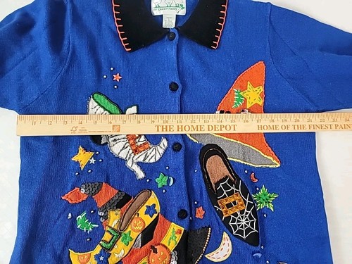 Quater Factory Cardigan Sweater L Blue Halloween Sequins Hats Shoes Moon Stars - Picture 6 of 12