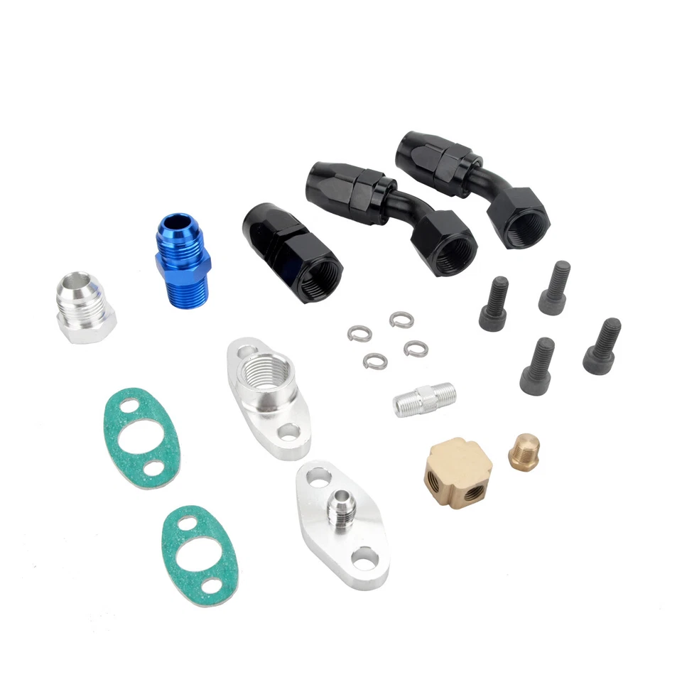 Universal Turbo Oil Line Kit Feed + Return Drain Flange T3 T4 T04E Oil Pan Plug - Image 3 of 4