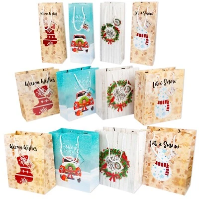 CHRISTMAS JINGLE Christmas Gift Bags x 12 Pck - 4 Large Bags, 4 Medium Bags, 4 x Wine Bottle Bags