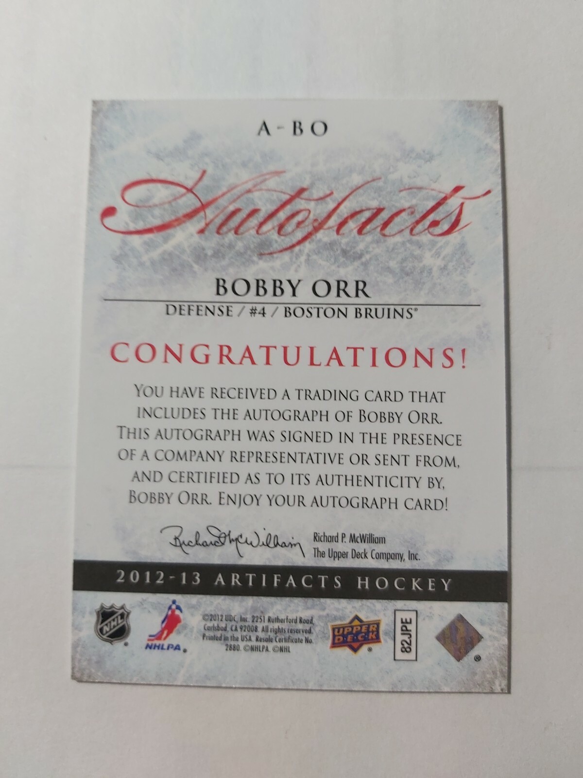 2012-13 Upper Deck Artifacts Hockey Bobby Orr Autofacts A-BO - Picture 3 of 3