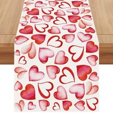 Linen Pink Watercolor Heart Valentines Day Table Runner 72 Inches Long